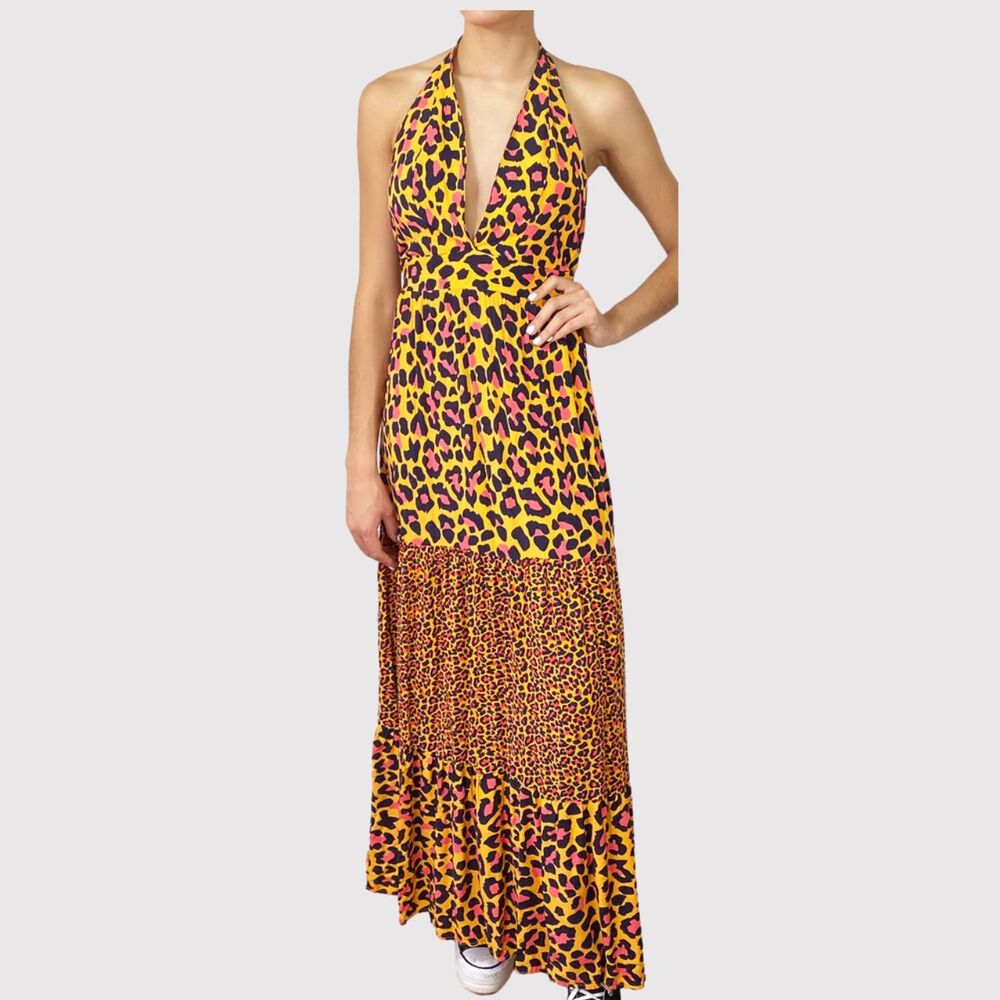Maaji Womens Dress Orange Maxi Leopard Halter V Neck Sleeveless A Line Boho XS